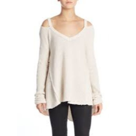 Free People Sweaters - Free People Womens XS Cream Pullover Sweater Cold Shoulder Sleeves Open Knit